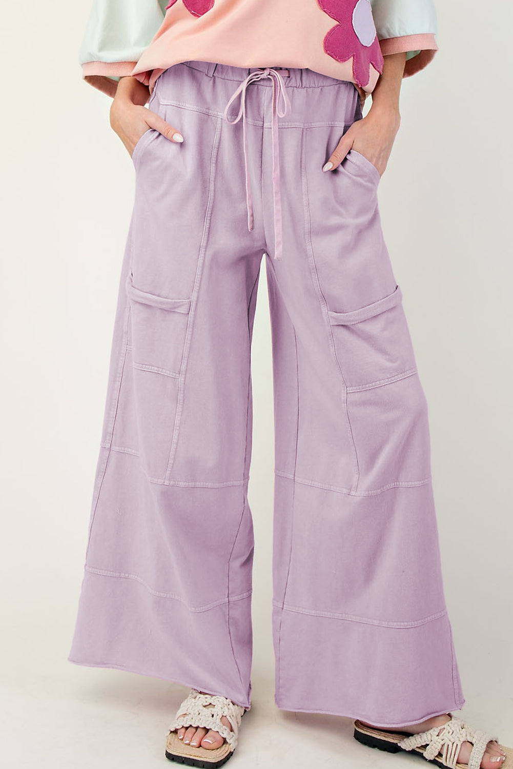 High-Waist Mineral Wash Cargo Pants , Wide Leg with Drawstring & Exposed Seams
