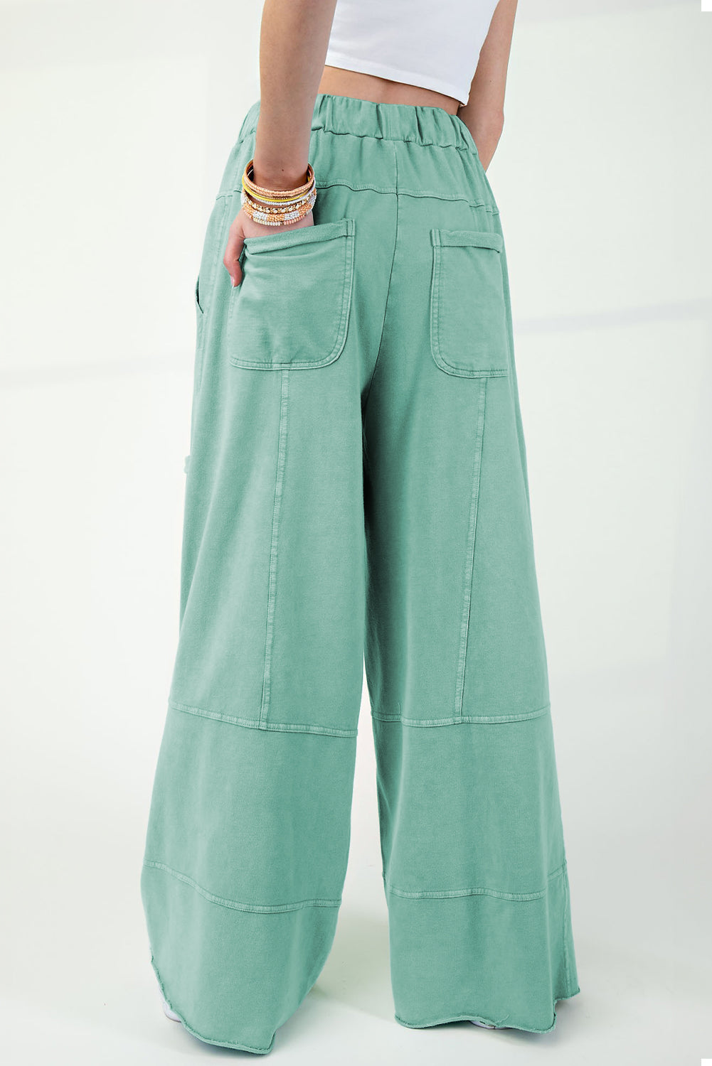 High-Waist Mineral Wash Cargo Pants , Wide Leg with Drawstring & Exposed Seams