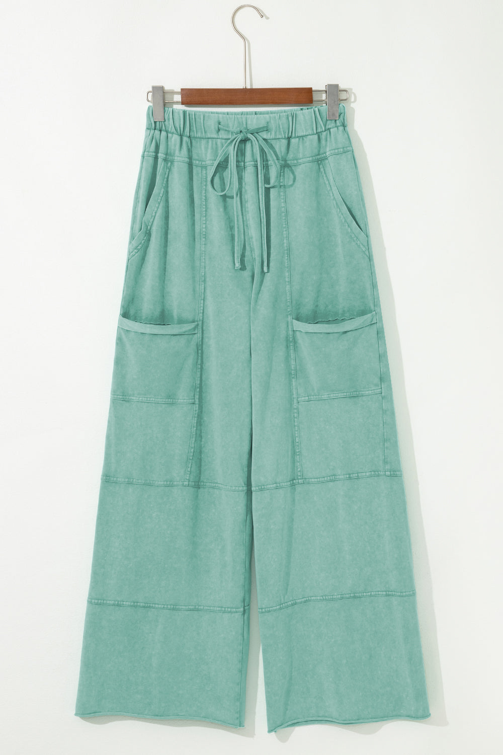 High-Waist Mineral Wash Cargo Pants , Wide Leg with Drawstring & Exposed Seams