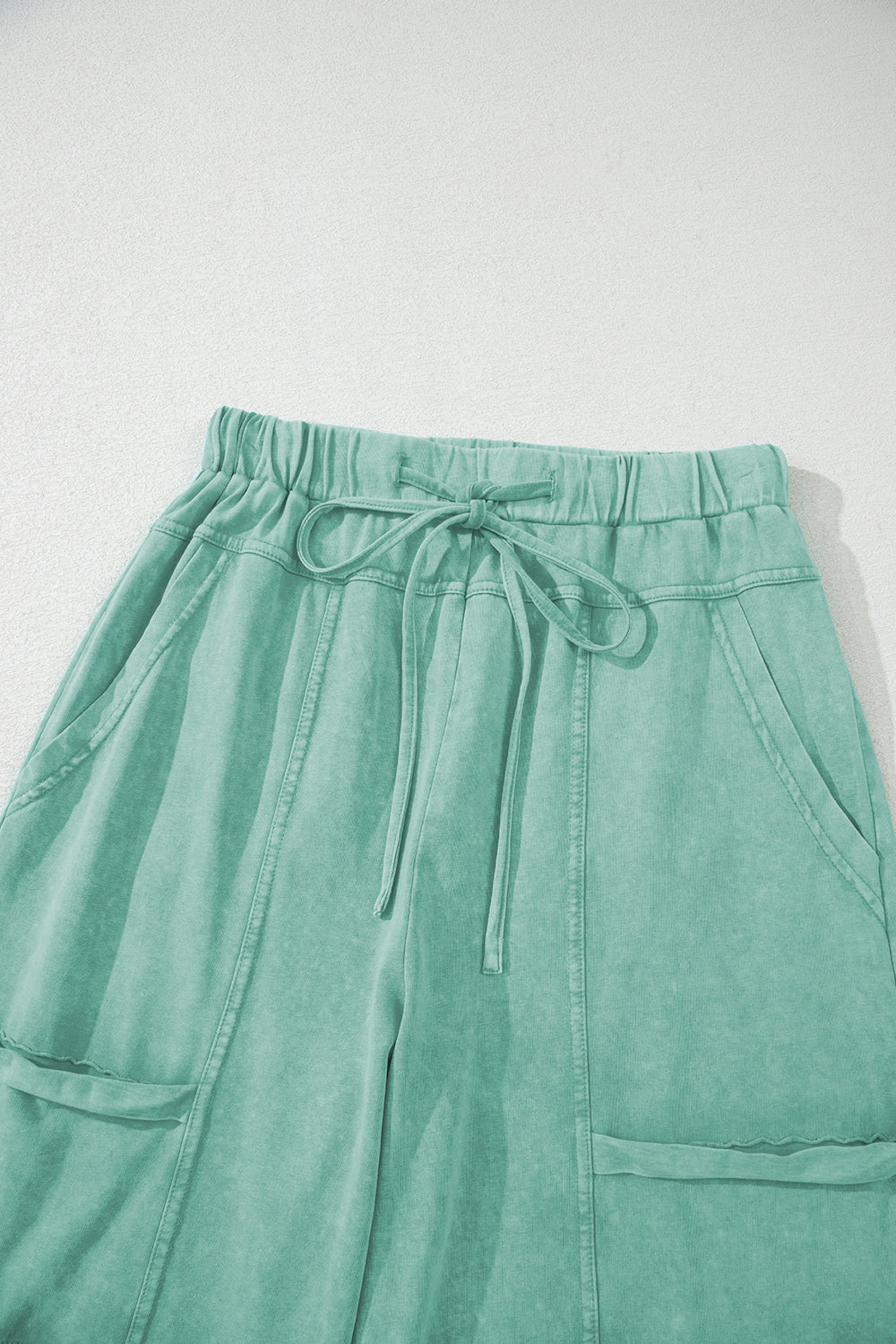 High-Waist Mineral Wash Cargo Pants , Wide Leg with Drawstring & Exposed Seams