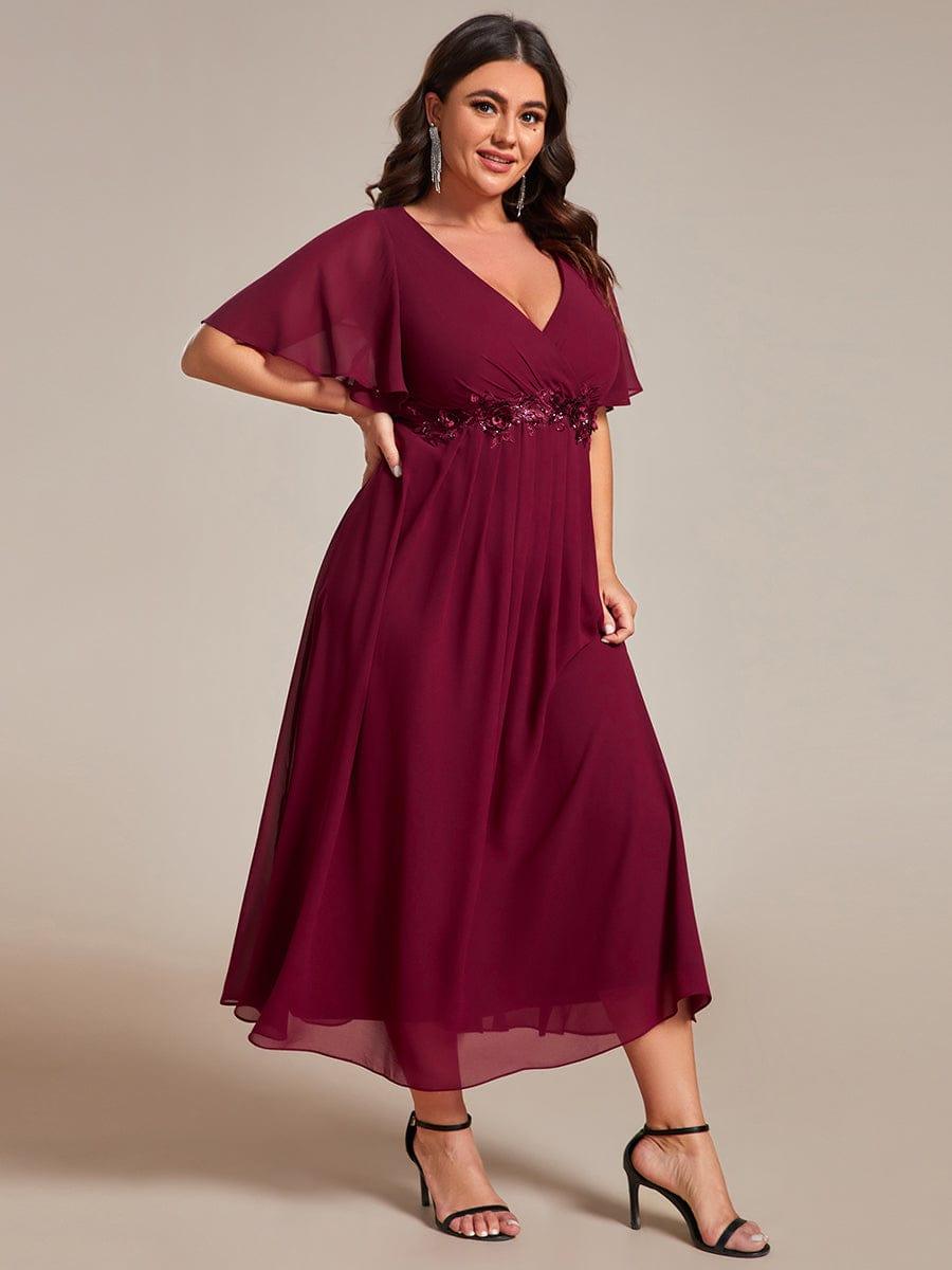 Stunning V-Neck Chiffon Midi Evening Dress with Exquisite Waist Applique💐