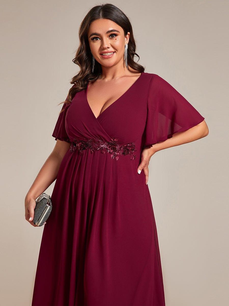 Stunning V-Neck Chiffon Midi Evening Dress with Exquisite Waist Applique💐