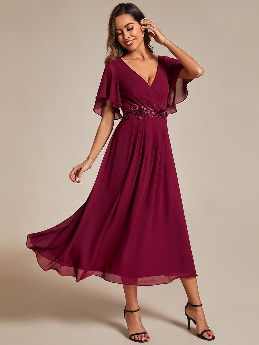 Stunning V-Neck Chiffon Midi Evening Dress with Exquisite Waist Applique💐