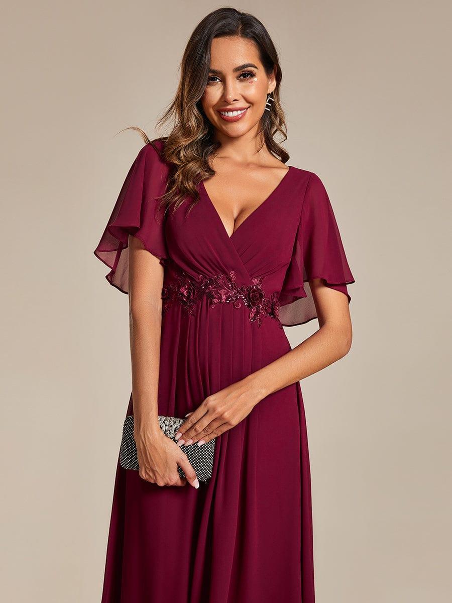 Stunning V-Neck Chiffon Midi Evening Dress with Exquisite Waist Applique💐