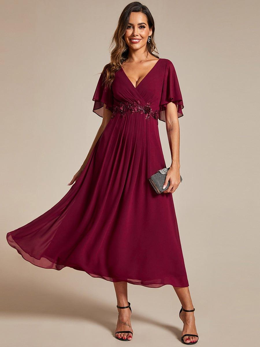 Stunning V-Neck Chiffon Midi Evening Dress with Exquisite Waist Applique💐