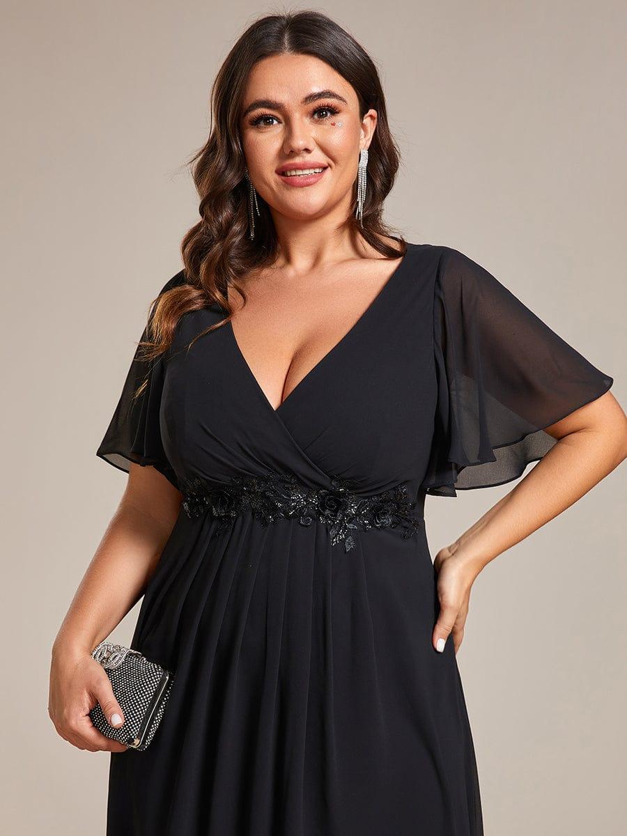 Stunning V-Neck Chiffon Midi Evening Dress with Exquisite Waist Applique💐