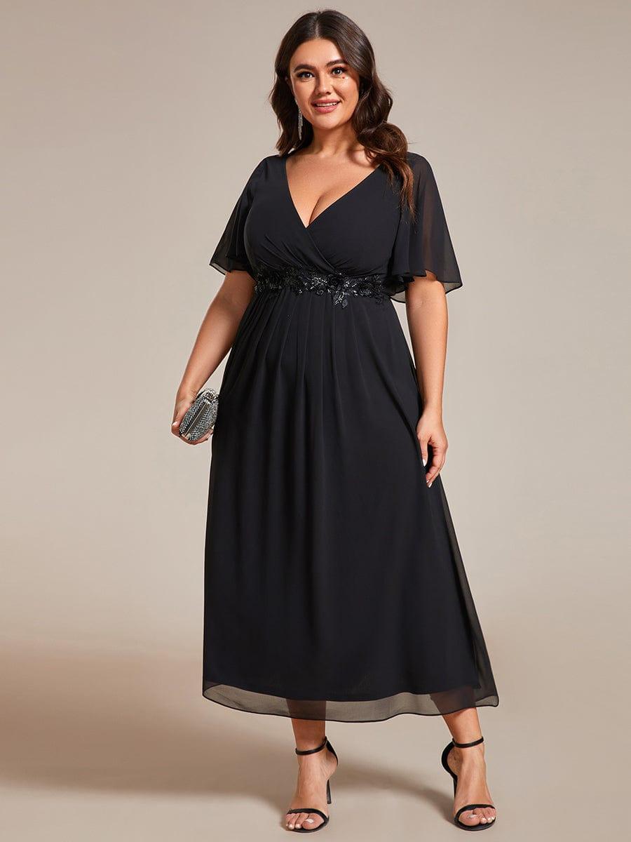 Stunning V-Neck Chiffon Midi Evening Dress with Exquisite Waist Applique💐