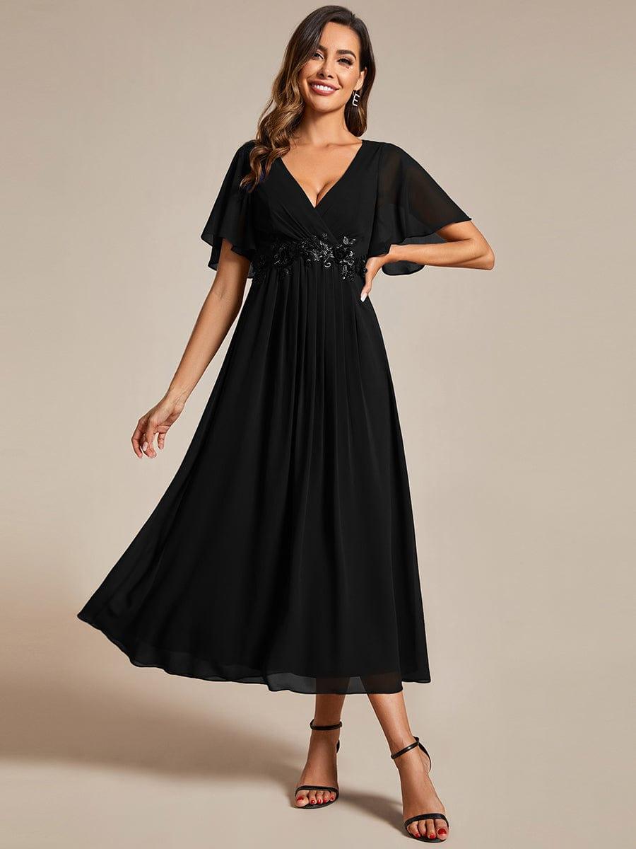 Stunning V-Neck Chiffon Midi Evening Dress with Exquisite Waist Applique💐
