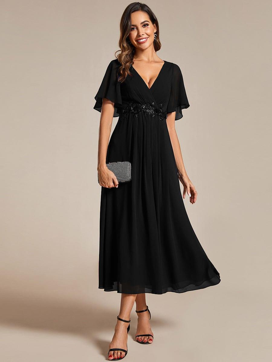 Stunning V-Neck Chiffon Midi Evening Dress with Exquisite Waist Applique💐