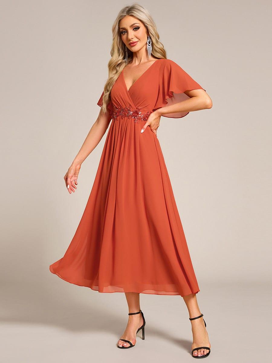 Stunning V-Neck Chiffon Midi Evening Dress with Exquisite Waist Applique💐