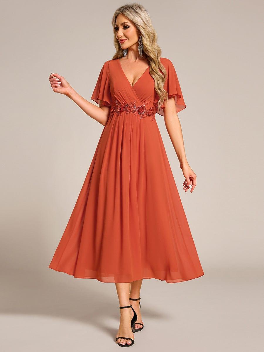 Stunning V-Neck Chiffon Midi Evening Dress with Exquisite Waist Applique💐