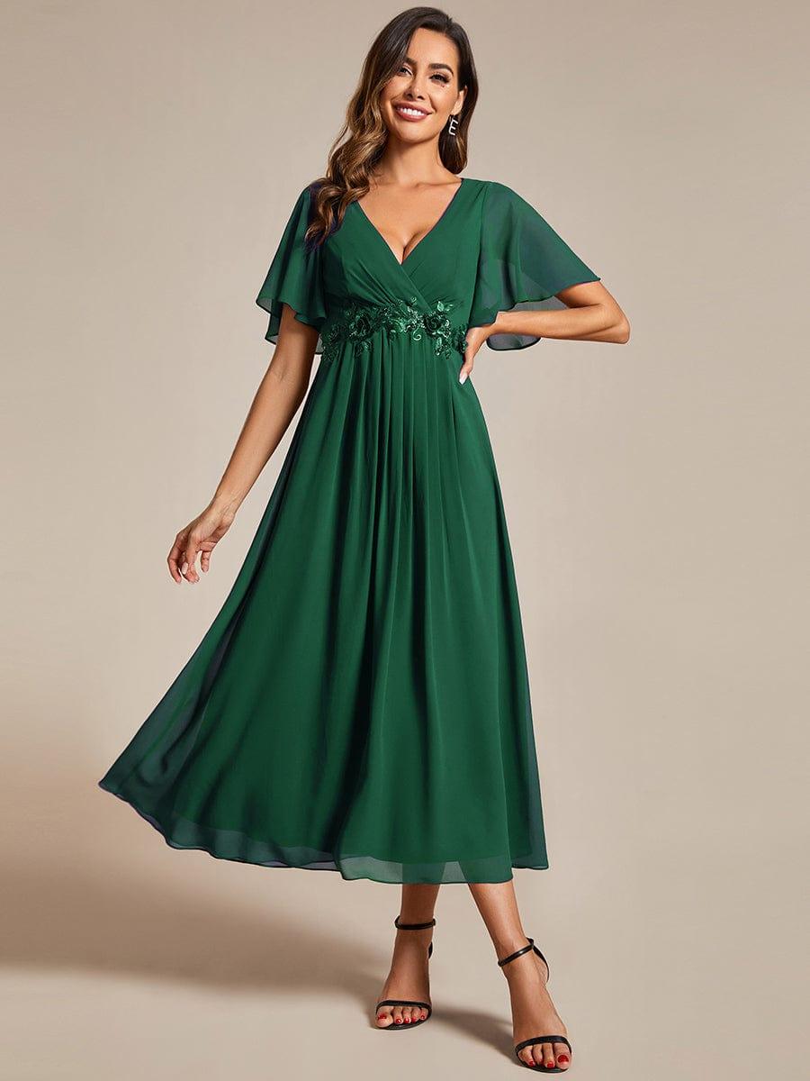 Stunning V-Neck Chiffon Midi Evening Dress with Exquisite Waist Applique💐