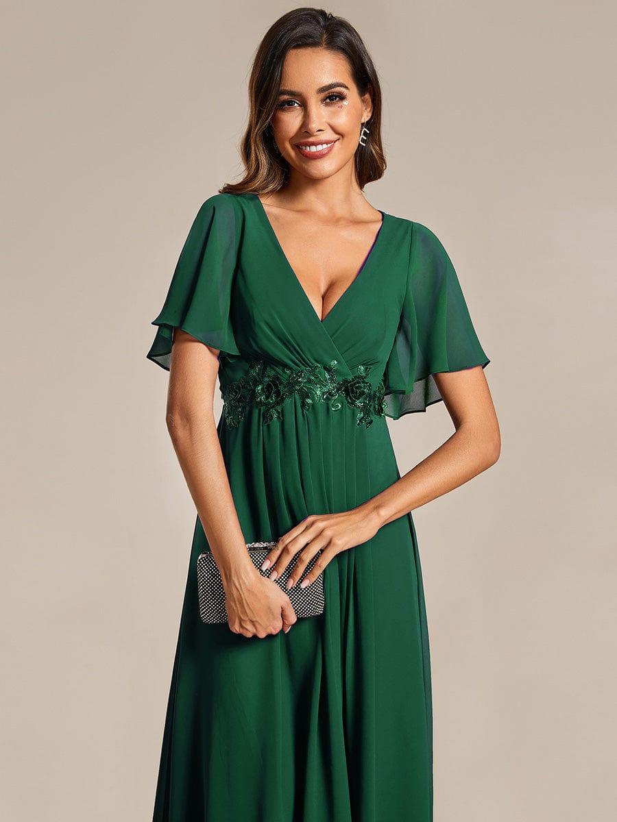 Stunning V-Neck Chiffon Midi Evening Dress with Exquisite Waist Applique💐