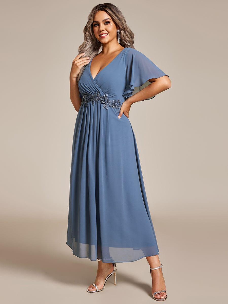 Stunning V-Neck Chiffon Midi Evening Dress with Exquisite Waist Applique💐