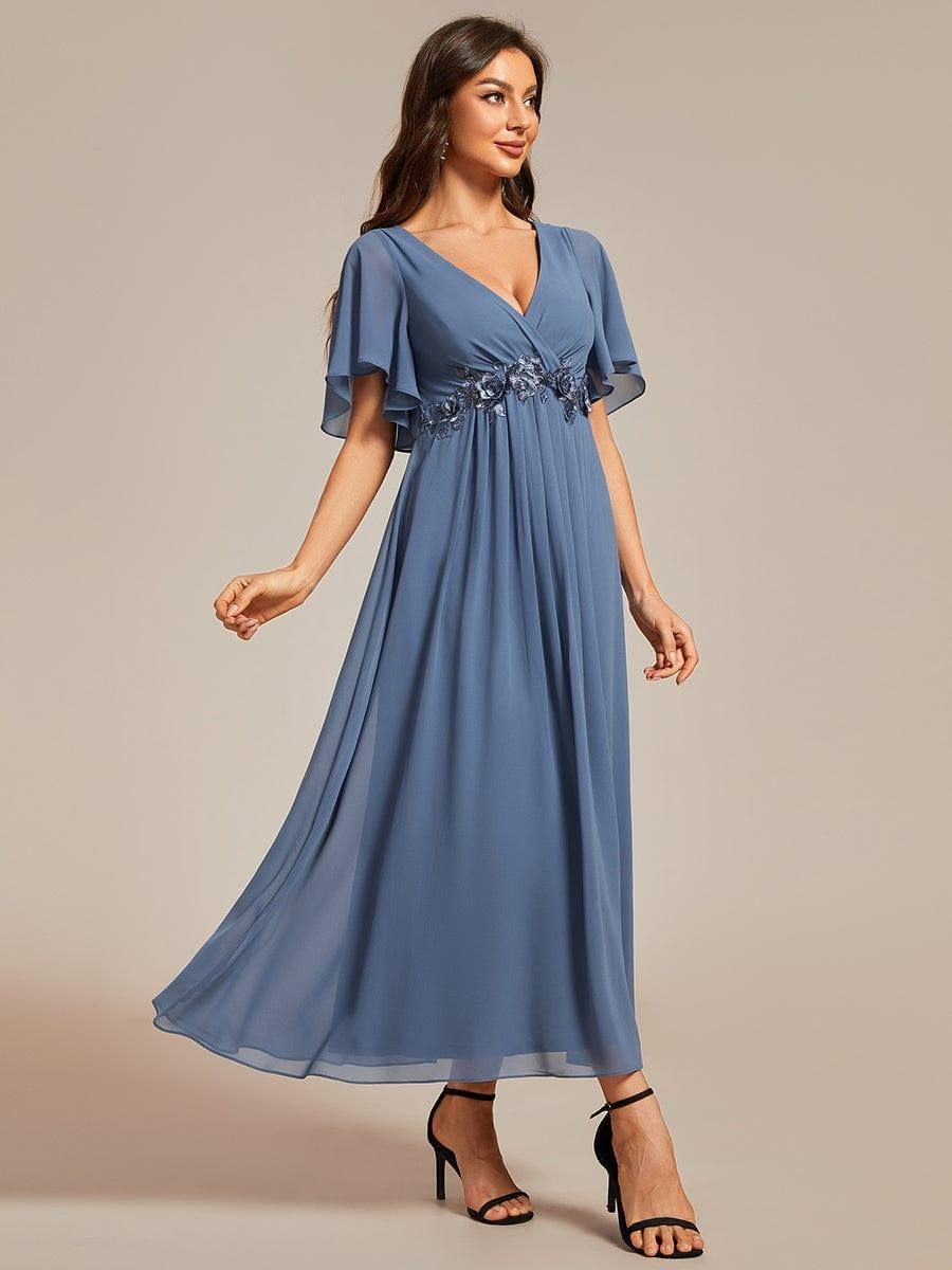 Stunning V-Neck Chiffon Midi Evening Dress with Exquisite Waist Applique💐