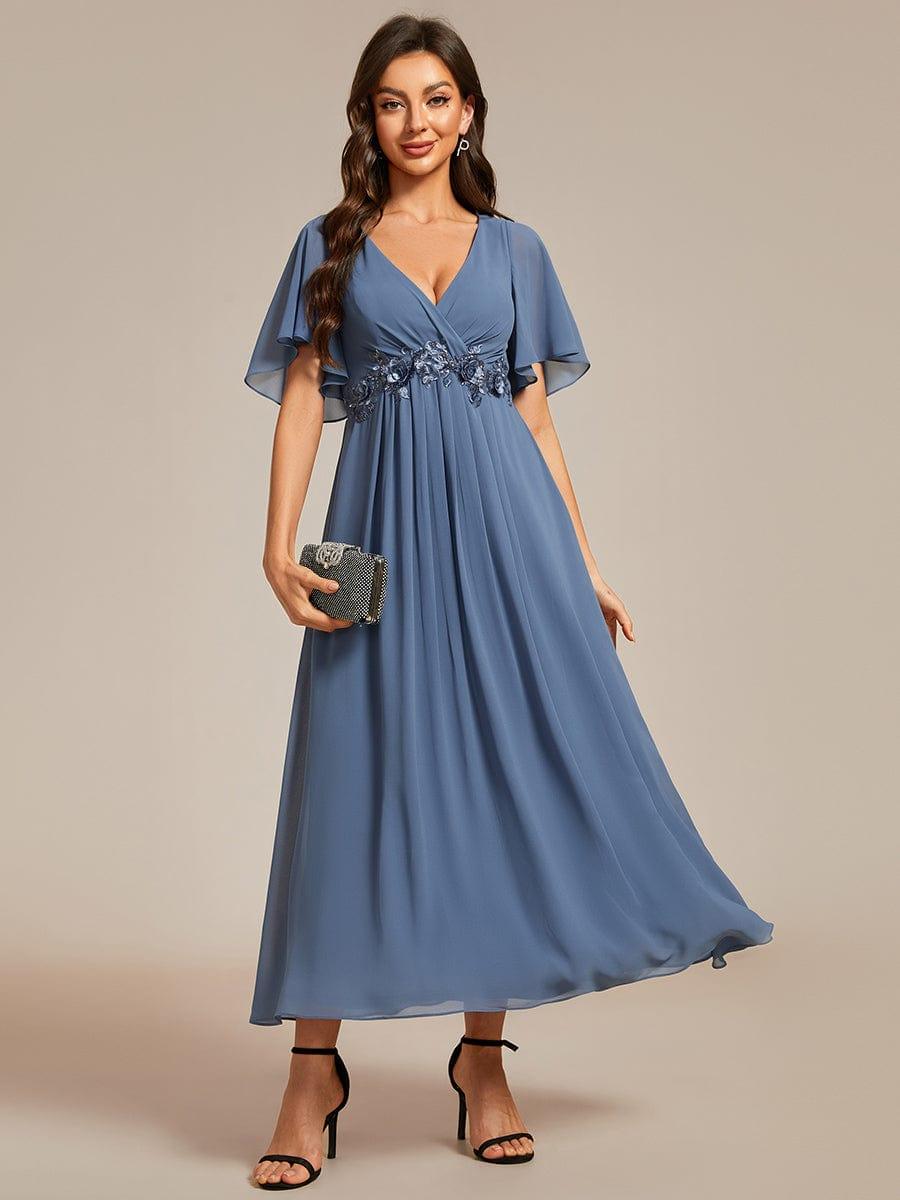 Stunning V-Neck Chiffon Midi Evening Dress with Exquisite Waist Applique💐