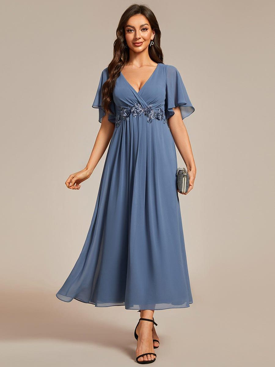 Stunning V-Neck Chiffon Midi Evening Dress with Exquisite Waist Applique💐