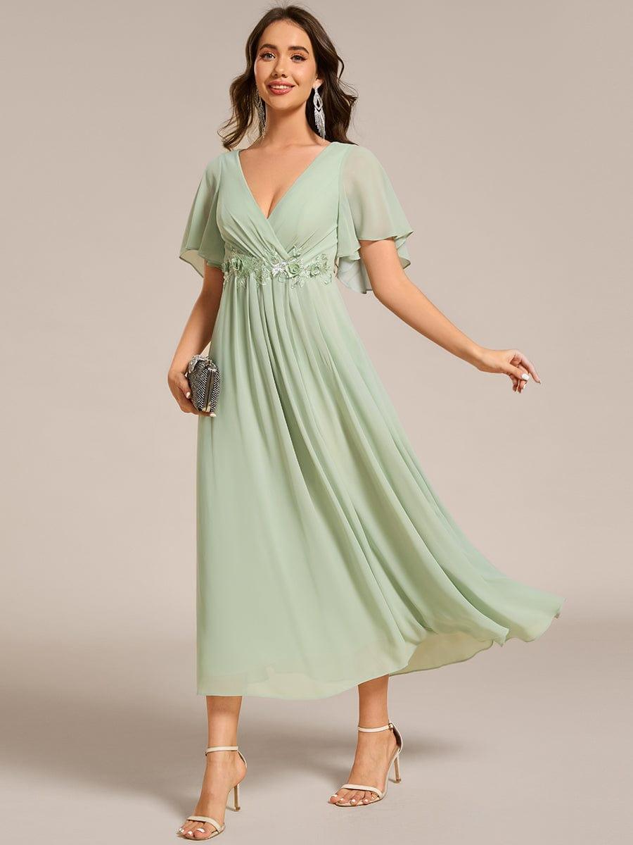 Stunning V-Neck Chiffon Midi Evening Dress with Exquisite Waist Applique💐