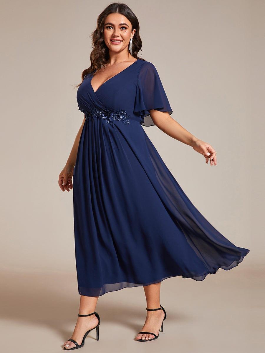 Stunning V-Neck Chiffon Midi Evening Dress with Exquisite Waist Applique💐