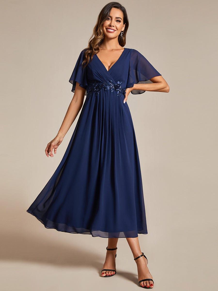 Stunning V-Neck Chiffon Midi Evening Dress with Exquisite Waist Applique💐