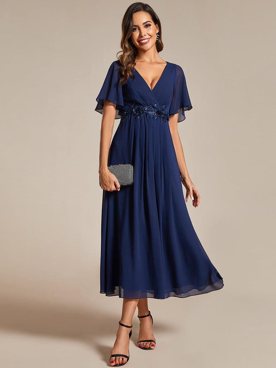 Stunning V-Neck Chiffon Midi Evening Dress with Exquisite Waist Applique💐