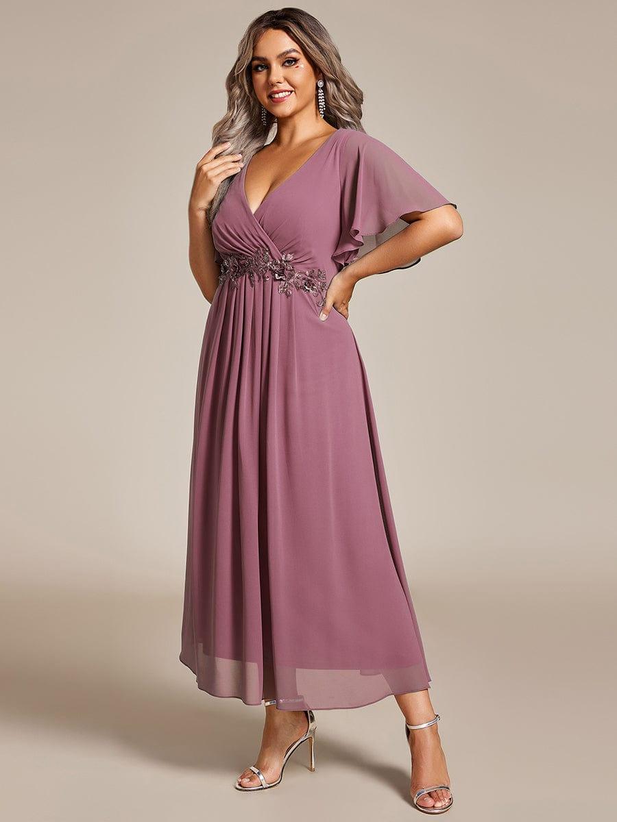 Stunning V-Neck Chiffon Midi Evening Dress with Exquisite Waist Applique💐