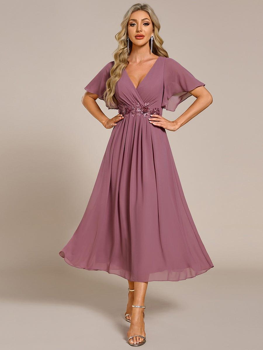 Stunning V-Neck Chiffon Midi Evening Dress with Exquisite Waist Applique💐