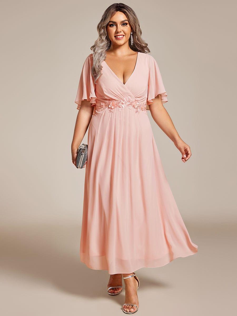 Stunning V-Neck Chiffon Midi Evening Dress with Exquisite Waist Applique💐