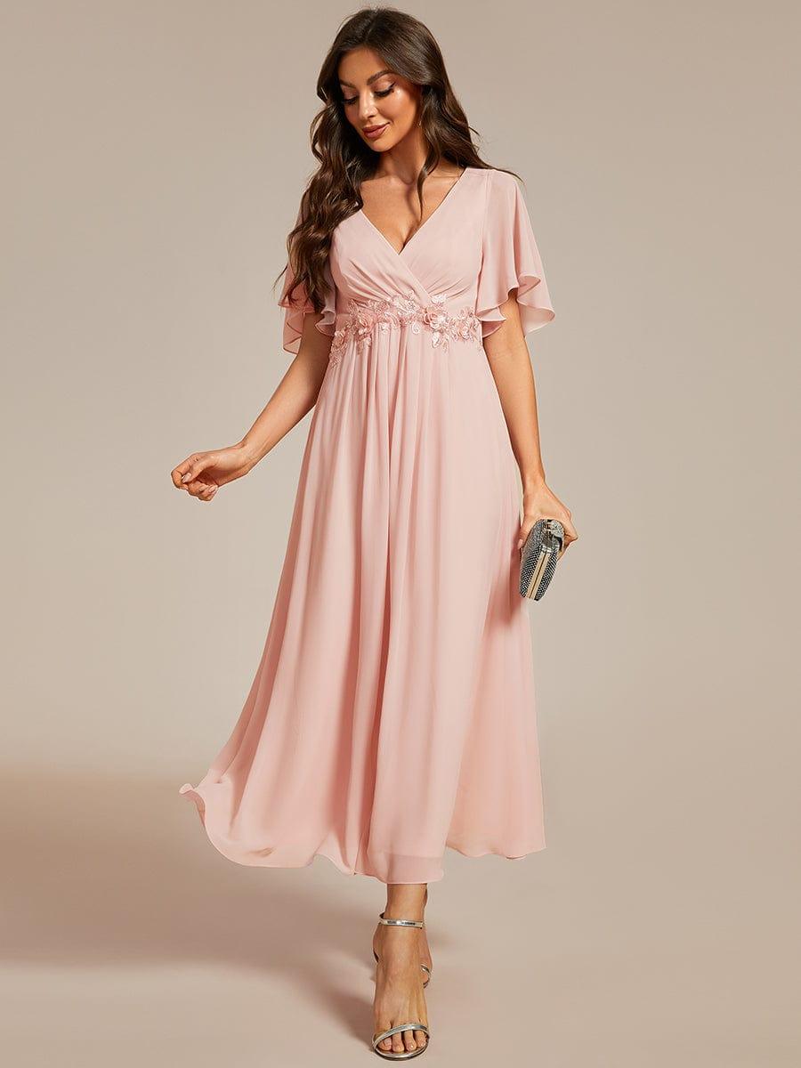 Stunning V-Neck Chiffon Midi Evening Dress with Exquisite Waist Applique💐