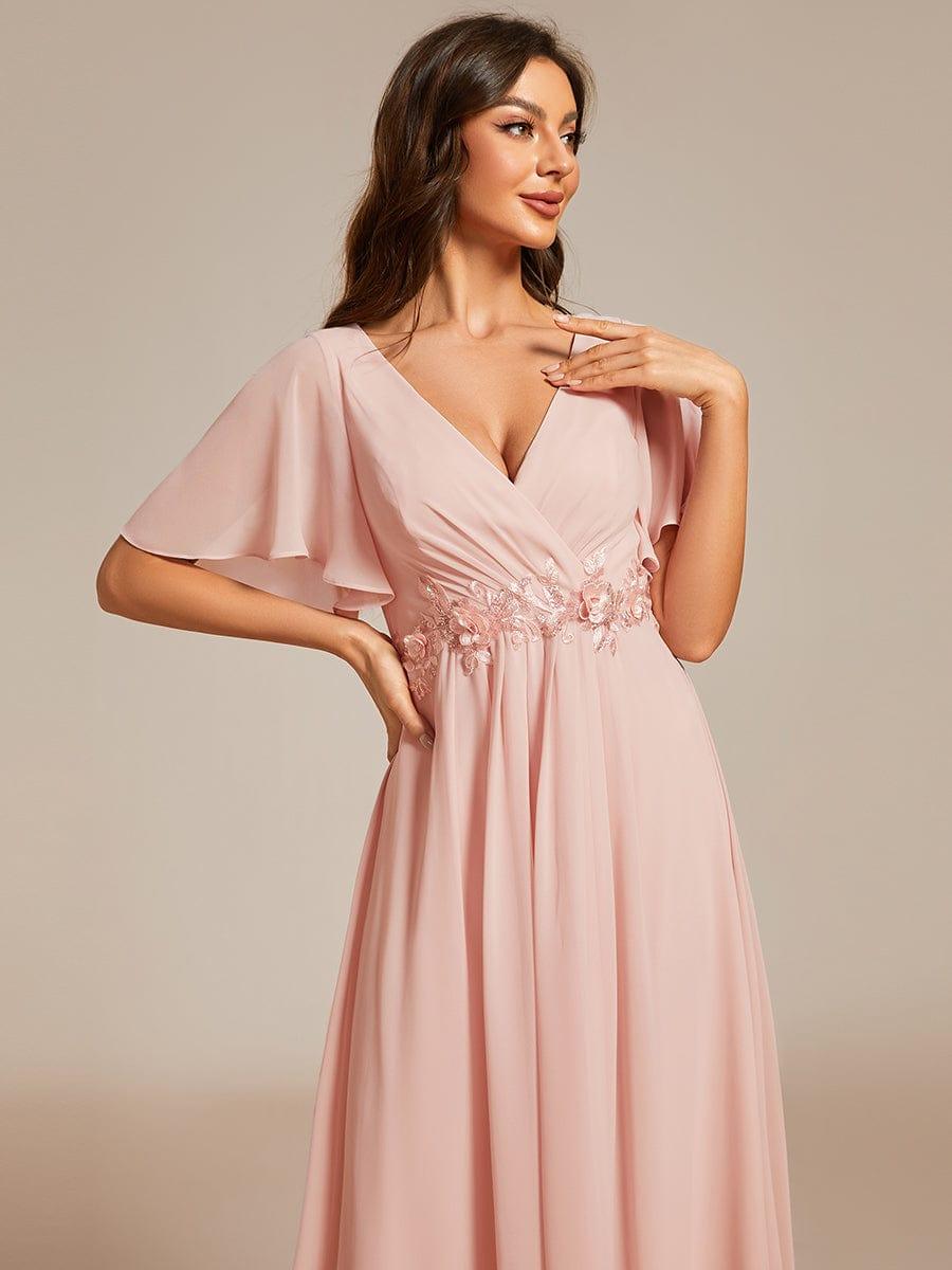Stunning V-Neck Chiffon Midi Evening Dress with Exquisite Waist Applique💐
