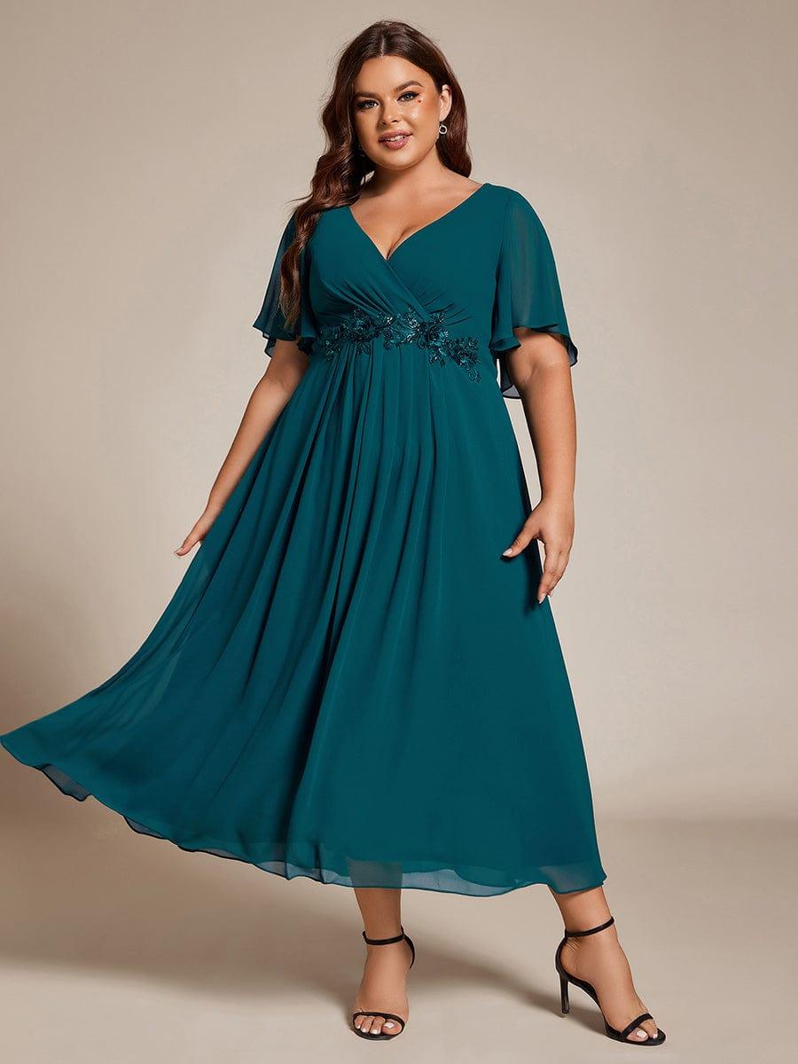 Stunning V-Neck Chiffon Midi Evening Dress with Exquisite Waist Applique💐