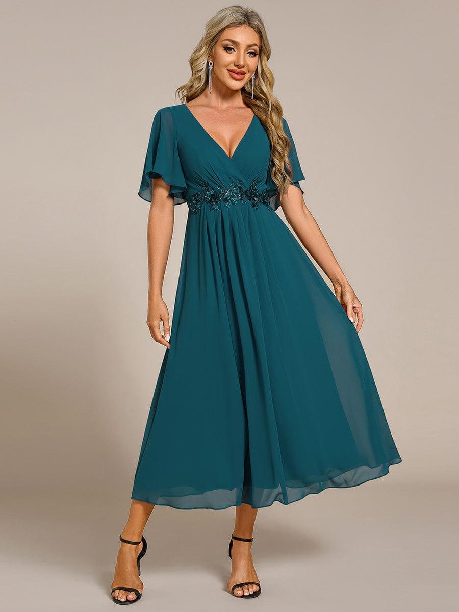 Stunning V-Neck Chiffon Midi Evening Dress with Exquisite Waist Applique💐