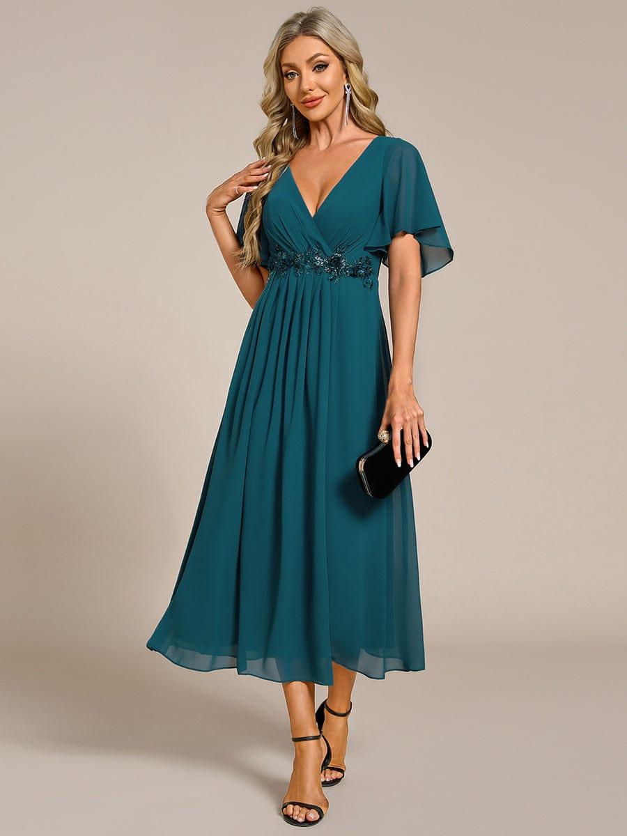 Stunning V-Neck Chiffon Midi Evening Dress with Exquisite Waist Applique💐