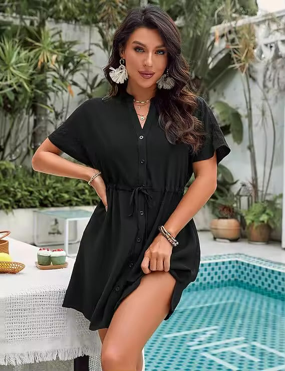 Women’s V-Neck Belted Beach Dress – Lightweight Cover-Up for Summer & Vacations