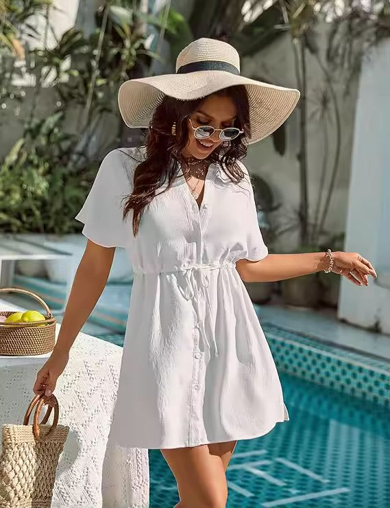 Women’s V-Neck Belted Beach Dress – Lightweight Cover-Up for Summer & Vacations