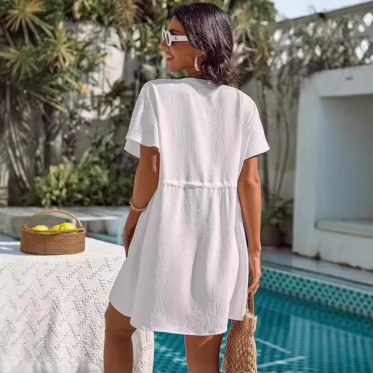 Women’s V-Neck Belted Beach Dress – Lightweight Cover-Up for Summer & Vacations