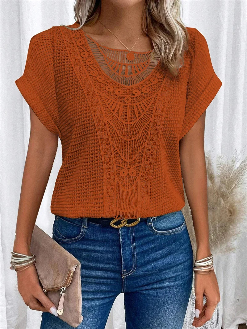 Elegant Solid Color Lace T-Shirt