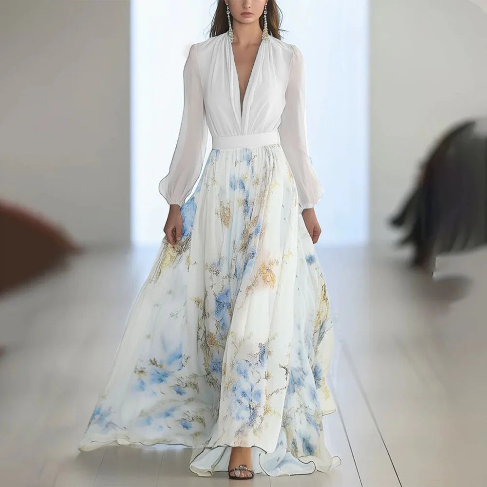 Elegant Long Sleeve Maxi Dress – Vintage Floral Print with Sash Belt for Summer & Vacations