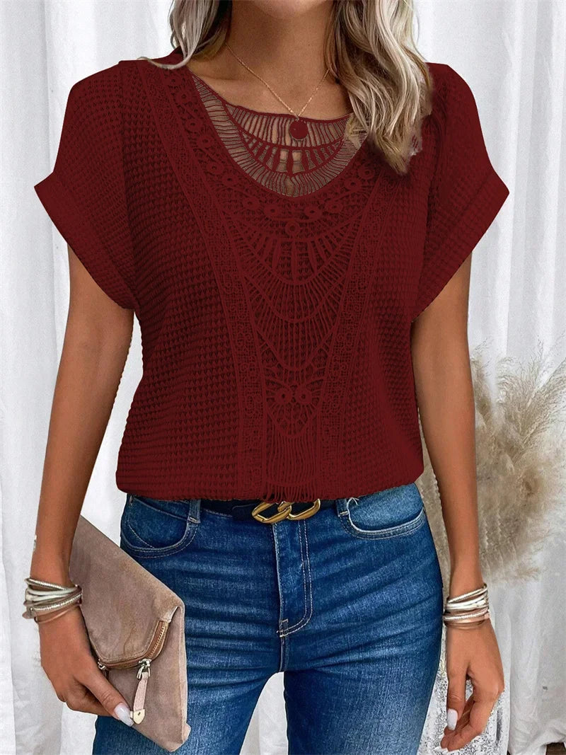 Elegant Solid Color Lace T-Shirt