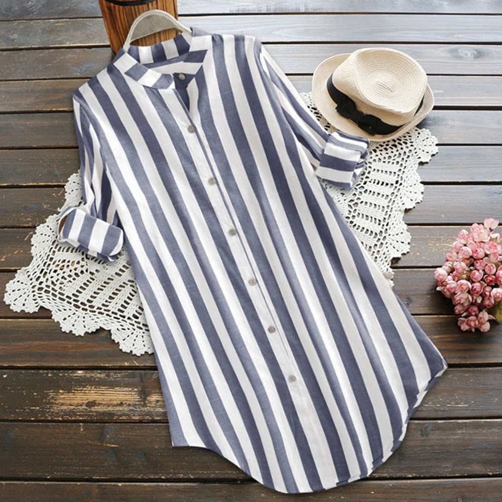 Retro Stripe Oversized Button T-Shirt , Casual Short Sleeve Top