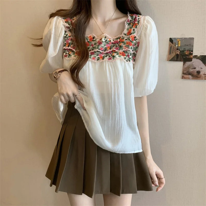 Women’s Embroidered Puff Sleeve T-Shirt – Square Neck Loose Fit Summer Top