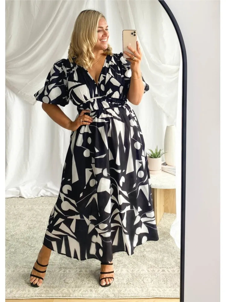 Flowy Summer A-Line Dress – Puff Sleeve V-Neck Maxi with Bold Prints
