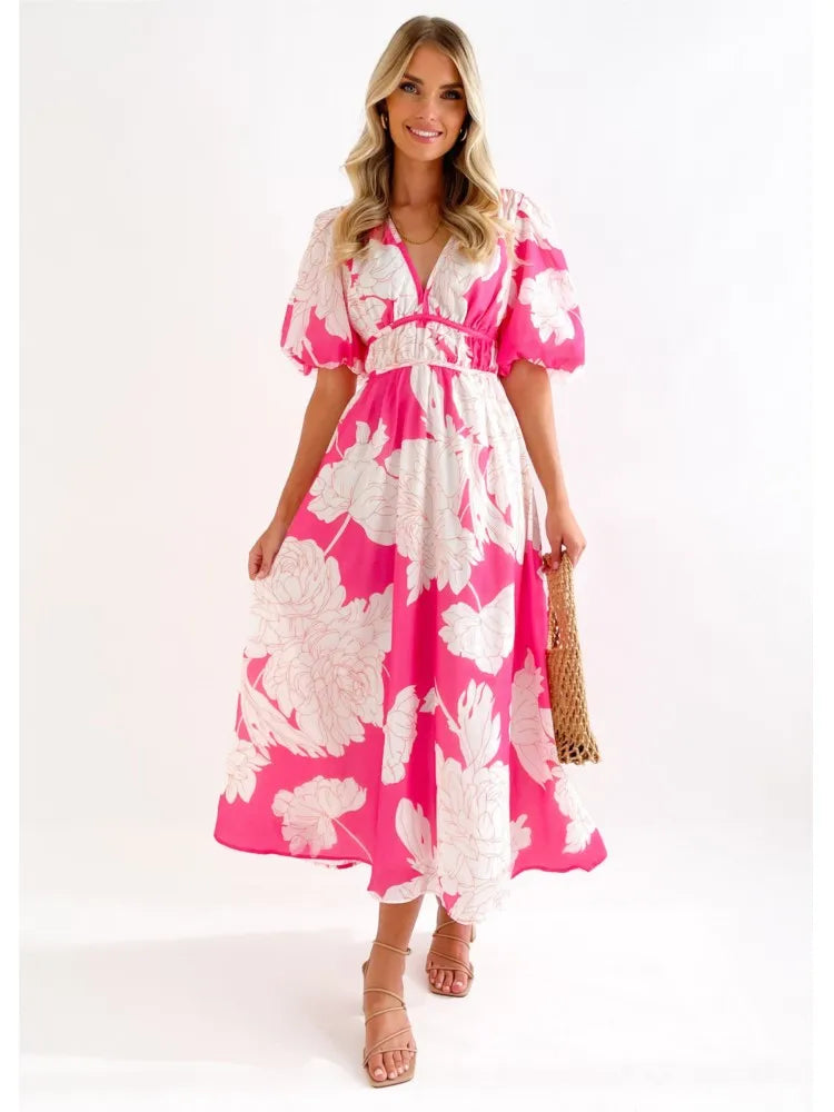 Flowy Summer A-Line Dress – Puff Sleeve V-Neck Maxi with Bold Prints
