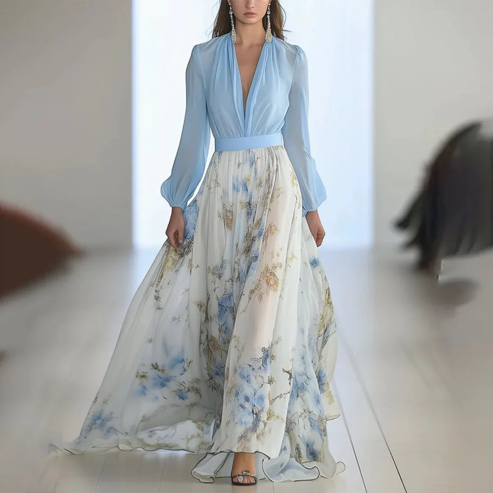 Elegant Long Sleeve Maxi Dress – Vintage Floral Print with Sash Belt for Summer & Vacations