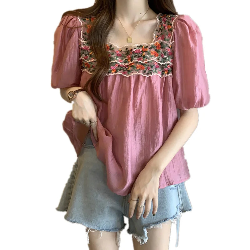 Women’s Embroidered Puff Sleeve T-Shirt – Square Neck Loose Fit Summer Top