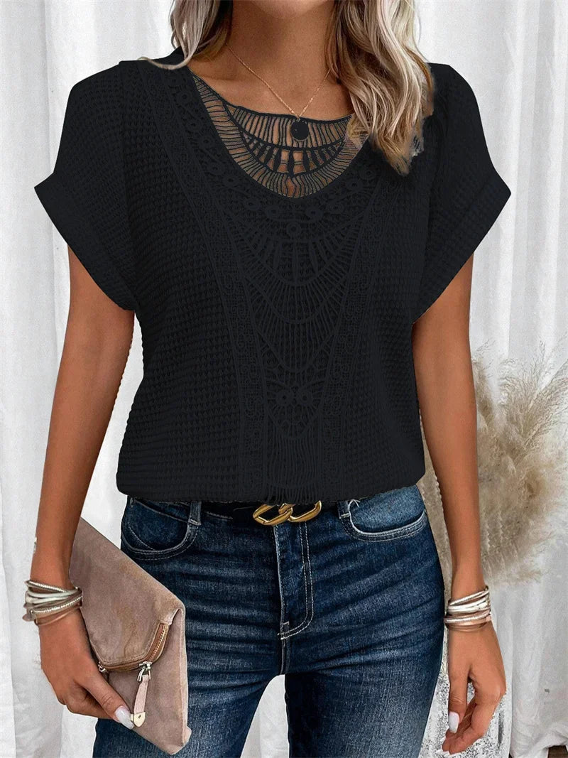 Elegant Solid Color Lace T-Shirt