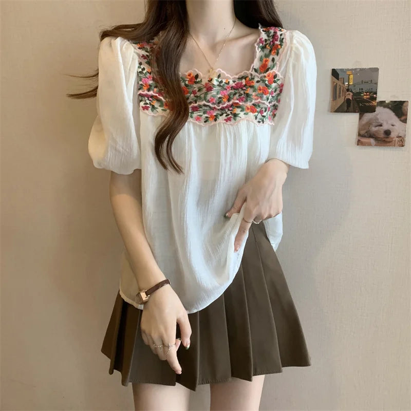 Women’s Embroidered Puff Sleeve T-Shirt – Square Neck Loose Fit Summer Top