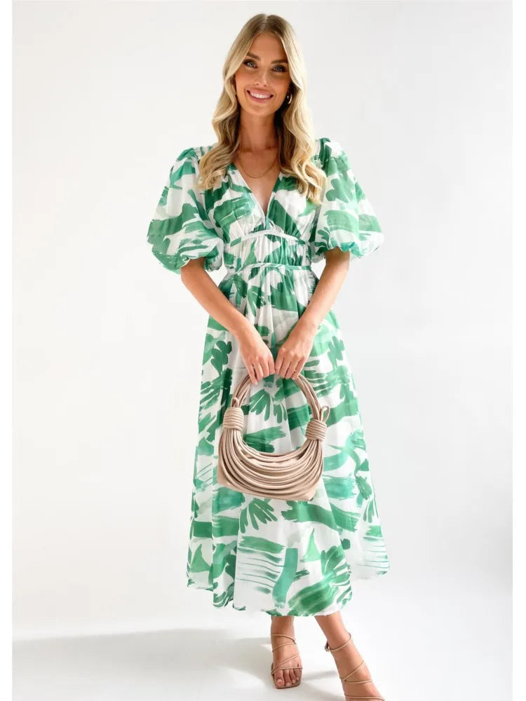 Flowy Summer A-Line Dress – Puff Sleeve V-Neck Maxi with Bold Prints