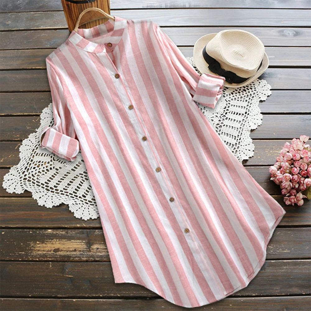Retro Stripe Oversized Button T-Shirt , Casual Short Sleeve Top