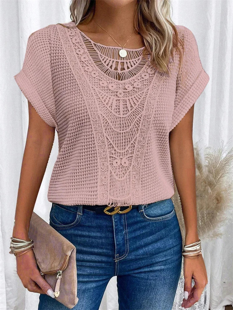 Elegant Solid Color Lace T-Shirt